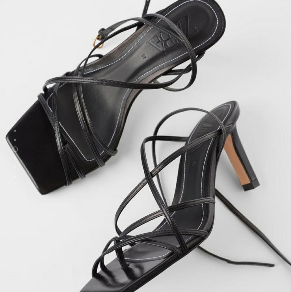 Heeled Square Toe Leather Strappy Sandals